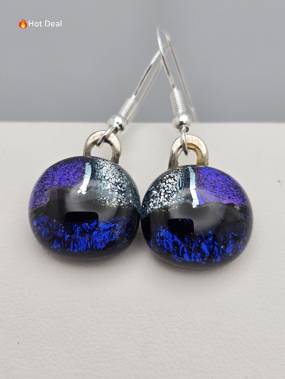 Dichroic Glass Earrings Sterling Silver Blue Purple Dangle 1.25" Handmade